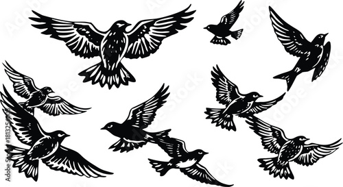 Dynamic Black and White Flying Birds in Woodcut Style Vector Illustration