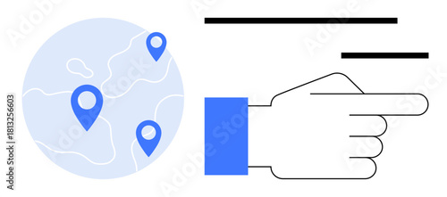 Globe with location markers and a pointing hand illustrating navigation, location identification, and instruction. Ideal for technology, travel, logistics, guidance, decision-making, teamwork