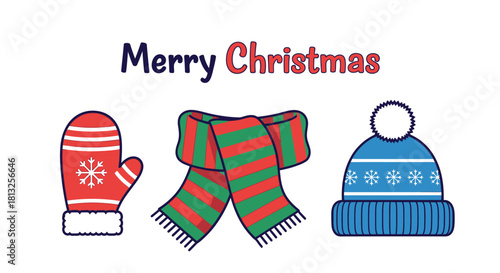 Merry Christmas clothing set with mitten, scarf, and winter hat