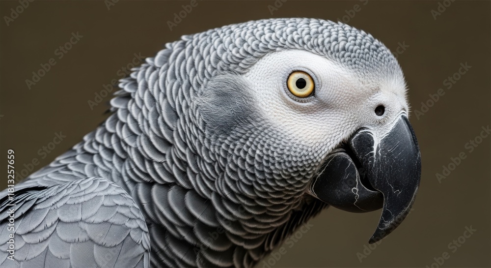 Obraz premium Detailed close-up of a regal african grey parrot showcasing its intricate plumage and focused gaze