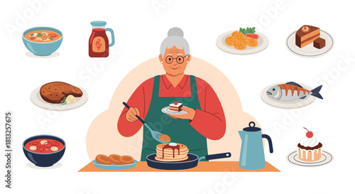 A loving grandmother cooking delicious pancakes and surrounded by a variety of homemade meals representing family and home cooking.