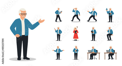 A collection of an elderly senior man character in various poses like presenting working on a laptop and thinking.
