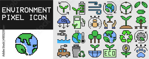 Set Environment Pixel Icon Vector Ideal for gaming, nature, ecology, weather, and digital art themes requiring a collection of 8-bit symbols related to nature.