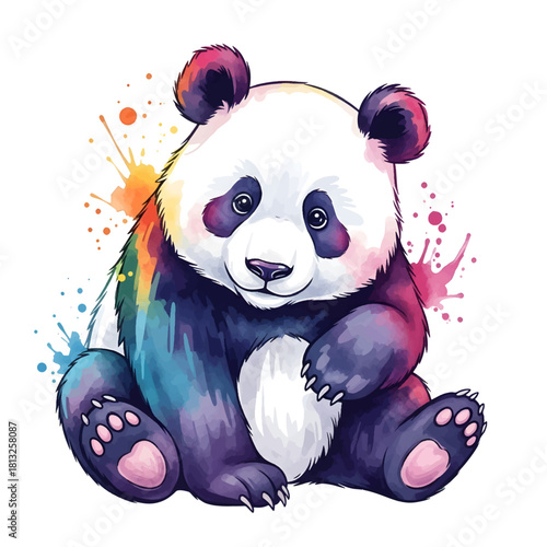 Adorable Baby Panda Sitting Watercolor Illustration with Rainbow Splash and Paint Splatter Effect - Cute Animal Design