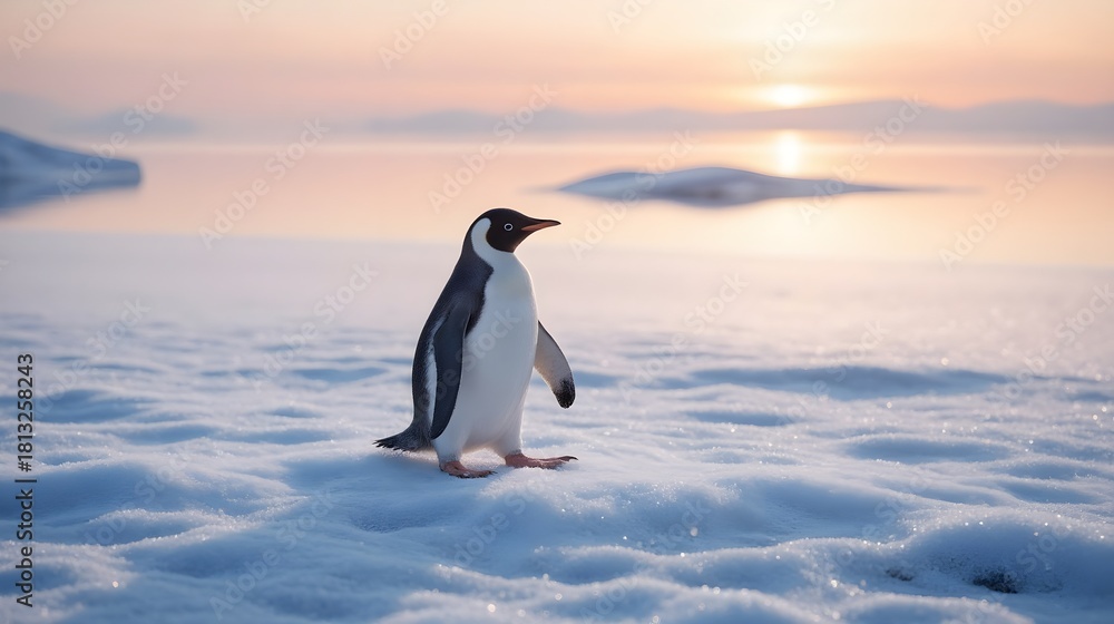 Fototapeta premium Single Penguin Walking On Frosty Ground