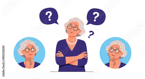 A thoughtful senior woman with glasses and question marks is thinking hard representing confusion memory loss or decision making.