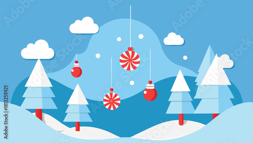 Festive Winter Christmas Landscape with Snowy Trees and Red Holiday Ornaments