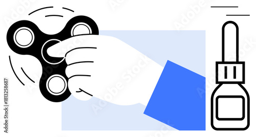 Hand using a spinning fidget spinner with motion lines, alongside a glue bottle. Ideal for stress relief, focus, DIY, repair, manual skill, recreation and creativity. Simple flat metaphor