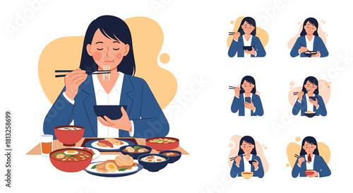 A set of illustrations showing a sad businesswoman stress eating a large meal with various unhappy facial expressions.