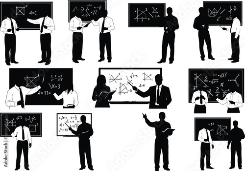 Set of Male and Female Teacher Silhouettes Presenting Complex Mathematics, Algebra, and Geometry Problems on Chalkboards, Representing Education, Learning, and Academic Instruction Vector
