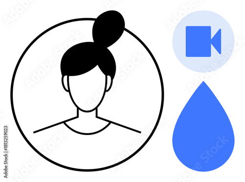 Female face centered in a circle, accompanied by a video camera symbol and blue water droplet. Ideal for identity, communication, video calls, creativity, water conservation, simplicity, clean