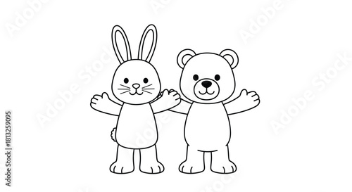 A cute black and white coloring page illustration of a friendly rabbit and teddy bear with open arms for a hug.