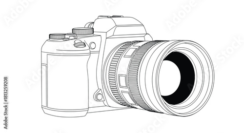A detailed black and white outline drawing of a modern digital DSLR camera for photography enthusiasts and professionals.