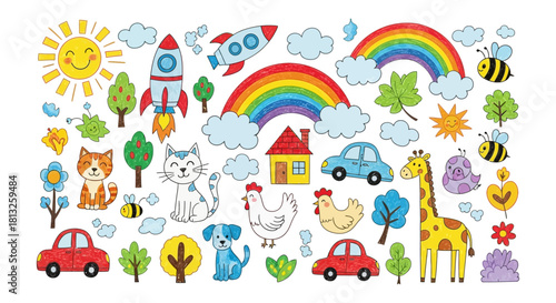 childlike drawings of cute animals colorful rainbows rockets cars and houses in a playful crayon style ideal for childrens education.