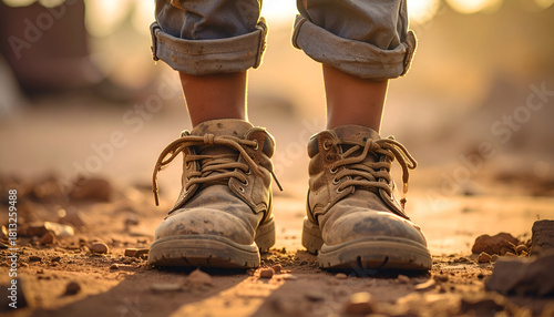 Fototapeta Naklejka Na Ścianę i Meble -  Child’s shoes worn out and patched, feet visible through openings, standing on dusty