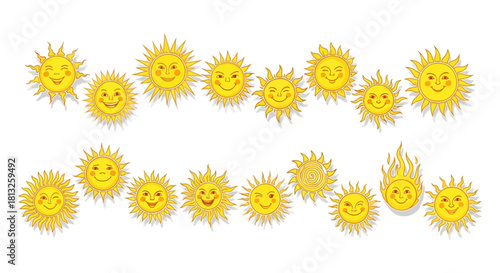 bright cartoon suns with happy smiling faces and yellow rays forming a cheerful decorative border on white ideal for summer childrens content and positive themes.