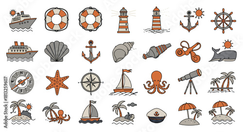 nautical travel icons set hand-drawn marine elements ships lighthouses anchors compasses islands and sea creatures for vacation and web design projects.