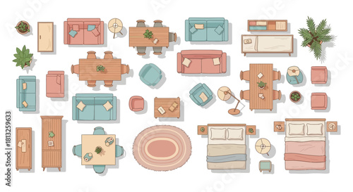 plan view furniture collection for interior design showcasing modern home decor elements for architectural floor plans and home layouts.