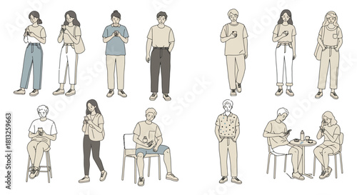 young adults using smartphones in various everyday poses depicting digital communication mobile technology and screen time in modern society