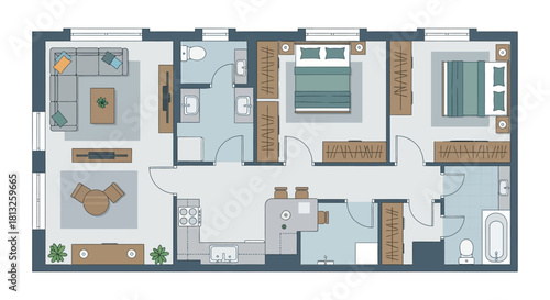 top view architectural floor plan of a modern apartment detailing interior design and furniture layout for real estate projects.