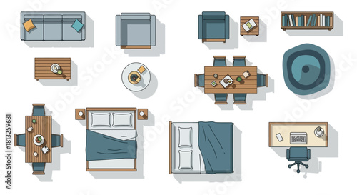top view illustration of modern household furniture for architectural floor plans interior design layouts and graphic resources.