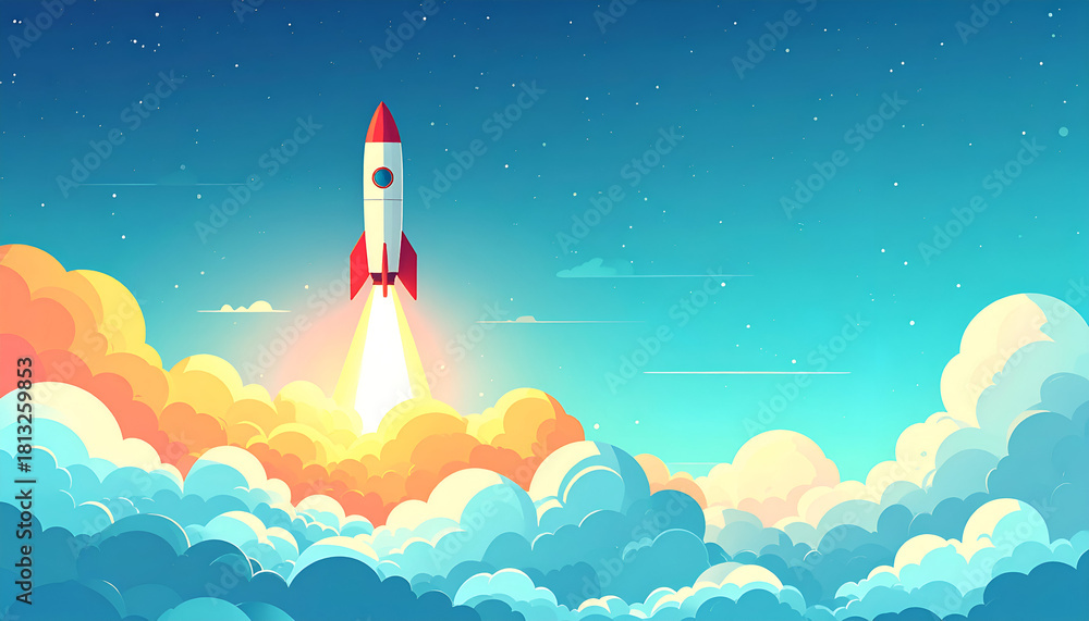 Obraz premium Minimal flat design rocket rising above clouds, large empty sky area for text
