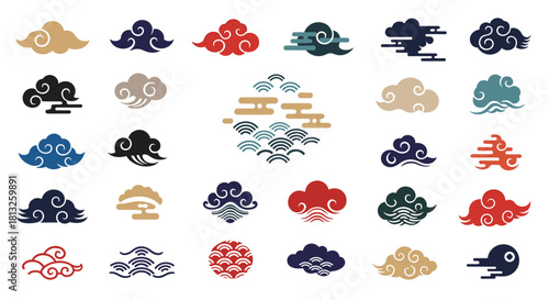 A large collection of traditional Japanese and Chinese stylized clouds and waves in various colors and shapes for design.