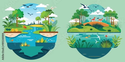 Nature's Duo: Two vibrant scenes of lush landscapes and thriving wildlife, showcasing the interconnectedness of Earth's ecosystems.