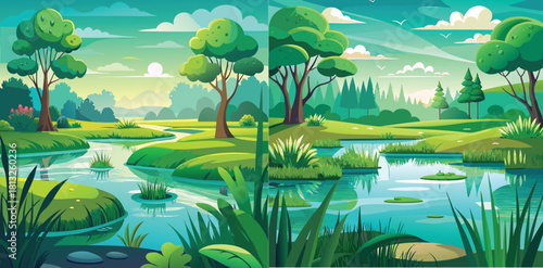 Serene Landscape: Witness the breathtaking beauty of nature with this scenic panorama. Lush green trees stand tall along the serene lake's edge, reflecting a perfect blue sky.