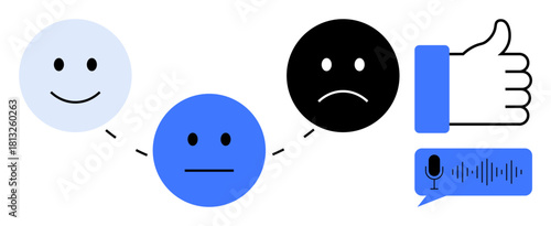 Feedback concept. Evaluating customer satisfaction using visuals thumbs up happy, neutral, unhappy emotion, thumbs-up, and voice input. Feedback aids decision-making, quality, surveys