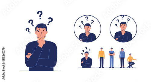 A thoughtful man with question marks above his head is thinking and confused trying to find a solution to a problem.