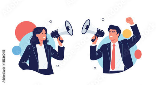 A businessman and a businesswoman shouting through megaphones to make an important announcement or protest for their rights.