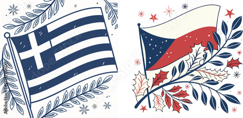 Flags of the World: A vibrant illustration showcasing the flags of Greece and Czechia, each adorned with botanical elements, symbolizing unity, culture, and international relations.