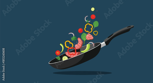 Fresh ingredients like salmon and vegetables being tossed in a frying pan for a healthy stir-fry meal on a dark background.