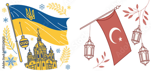 Ukrainian and Turkish Flags: A vibrant illustration showcasing the flags of Ukraine and Turkey side by side, symbolizing unity, culture, and national pride.