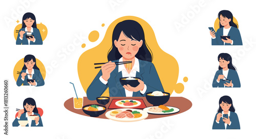 Collection of a businesswoman's different expressions and actions while eating a meal at a table for lunch or dinner time.
