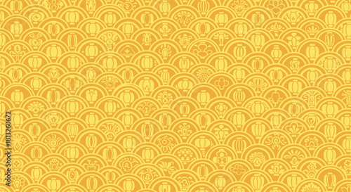 A golden yellow seamless Japanese pattern background with traditional waves lanterns and floral motifs for festive celebrations.