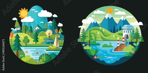 Nature's Embrace: A vibrant landscape illustration depicts the beauty of nature within a circular frame, showcasing lush forests, towering mountains, and serene water bodies.