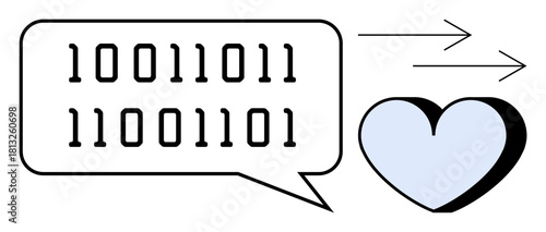 Binary code in speech bubble pointing to heart with arrows indicating movement. Ideal for technology, communication, digital transformation, love, coding, data flow, connection. Simple flat metaphor