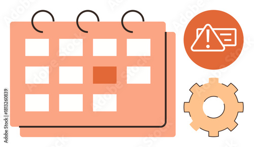 Calendar with a specific date highlighted, warning alert icon, and gear symbol representing planning, scheduling, deadlines, reminders, optimization, workflows task prioritization. Simple flat