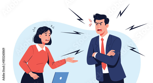 An angry male boss is yelling at a stressed female employee in the office representing workplace conflict and harassment.