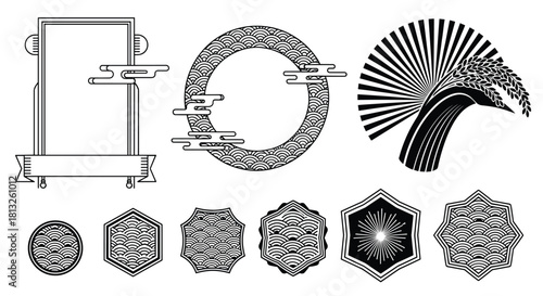 A collection of black and white Japanese traditional frames borders and emblems with wave patterns and rice stalk designs.