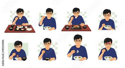 A collection of illustrations showing a sad and unhappy man with glasses eating alone with various negative expressions.