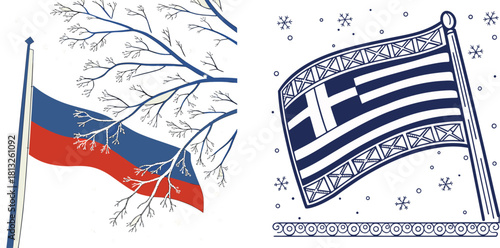 Symbolic Representation: A graphic illustration presenting the flag, Russia and Greek flag. showcasing national identity, international relations.