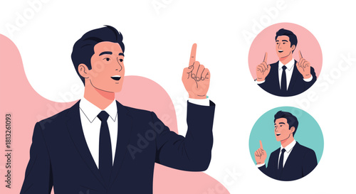 A successful businessman in a suit points his finger up having a great idea or making a point with icon variations included.