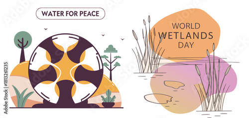 World Wetlands Day: A vibrant illustration showcasing the importance of water for peace, depicting diverse ecosystems and highlighting the global celebration. 