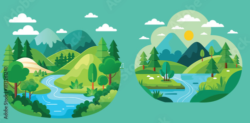 Vibrant Landscapes:  A captivating artwork showcasing two scenic landscapes with rolling hills, a winding river, and a glimpse of the sun, and the landscape is full of lush green trees