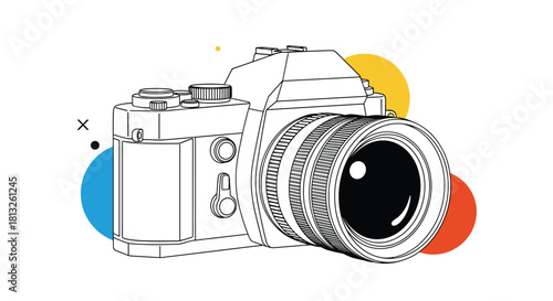 A line art illustration of a vintage film camera with colorful abstract geometric shapes in the background for a retro design.