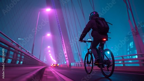 Night Ride - Cyclist on Bridge with Neon Lights, Urban Adventure.