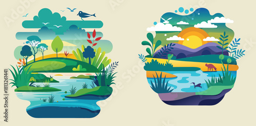 Scenic Landscapes: A vivid illustration depicts the beauty of nature, showcasing lush landscapes, gentle hills, calm water, and a radiant sunset. The illustration captures a harmonious scene. 